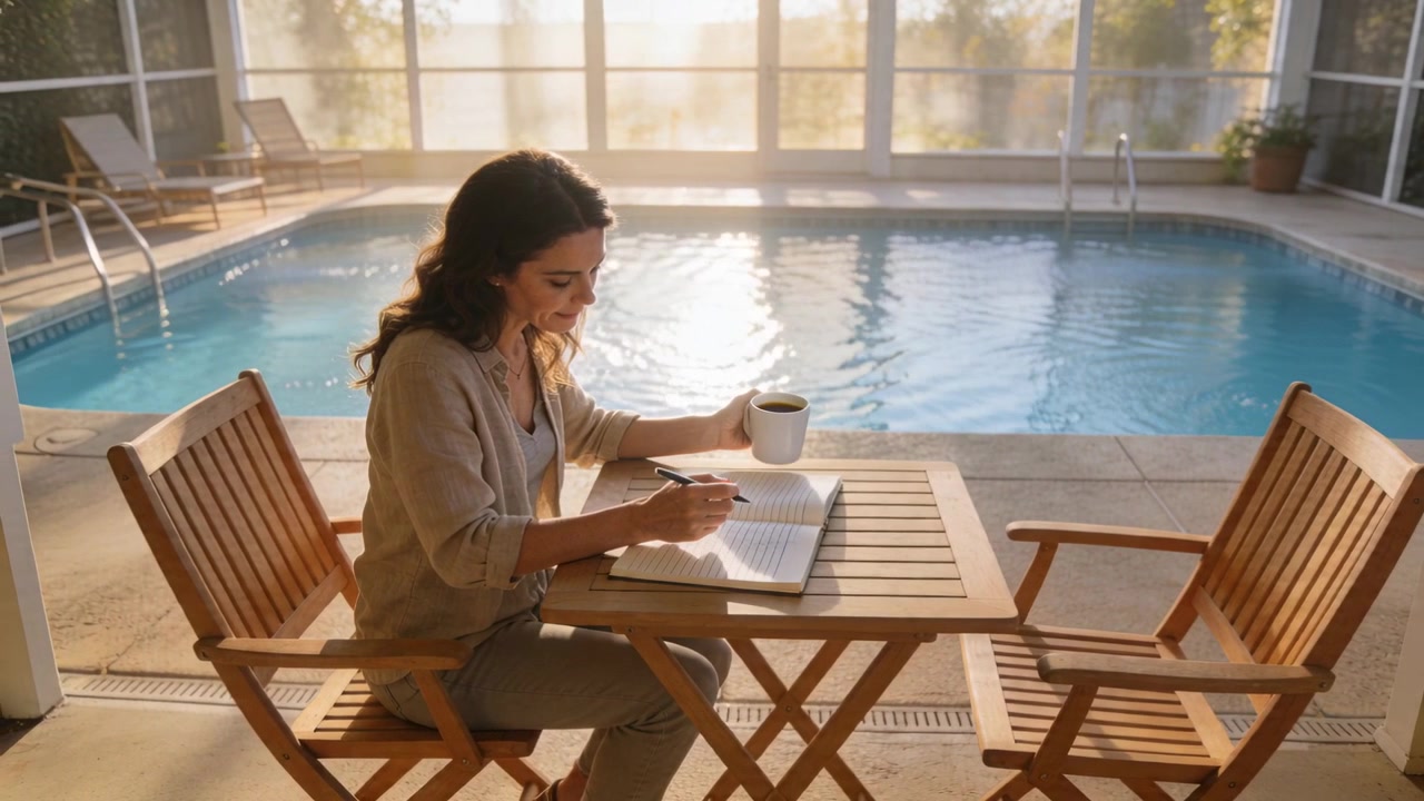 Lifting mug, woman in light cardigan sipping, writing notes at table by glass pool with notebook