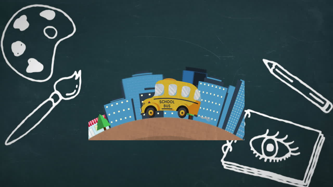Digital animation of multiple art concept icons over school bus icon against blue background