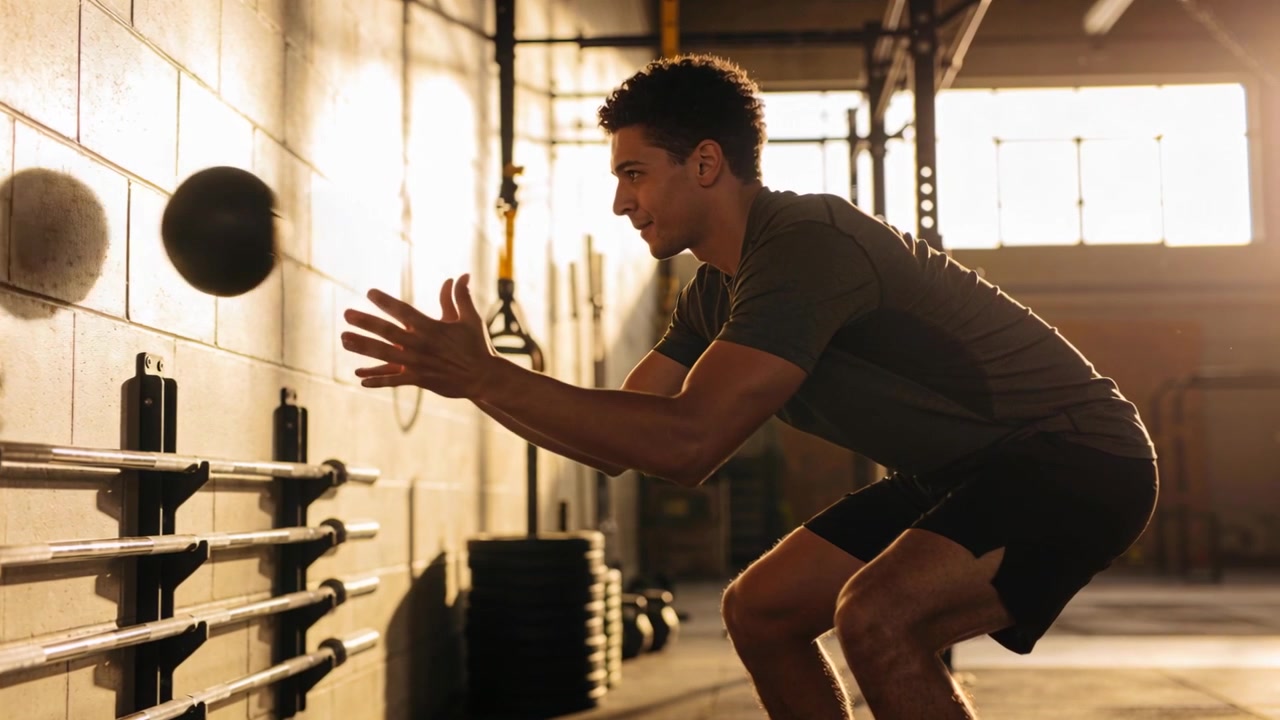 Catching man in shorts squatting and throwing medicine-ball at gym for workout as wall rebound