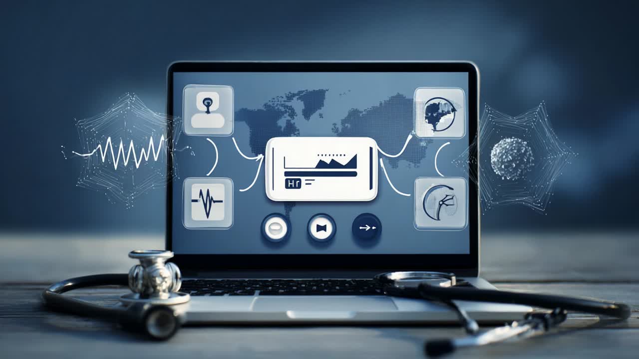 Advanced Health Technology Integration: A Visual Representation of Healthcare Innovation Featuring Medical Data, Monitoring Interfaces, and Digital Solutions for Enhanced Patient Care and Technology Synergy