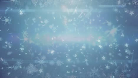 Animation-of-snowflakes-and-star-icons-floating-with-copy-space-against-blue-background