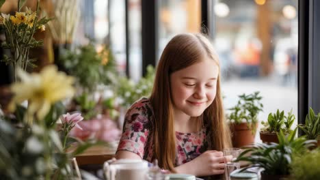 Young girl with long brown hair wearing a floral dress smiling while having breakfast or lunch in a flower shop or cafe, sitting at a wooden table with plants and flowers around her
