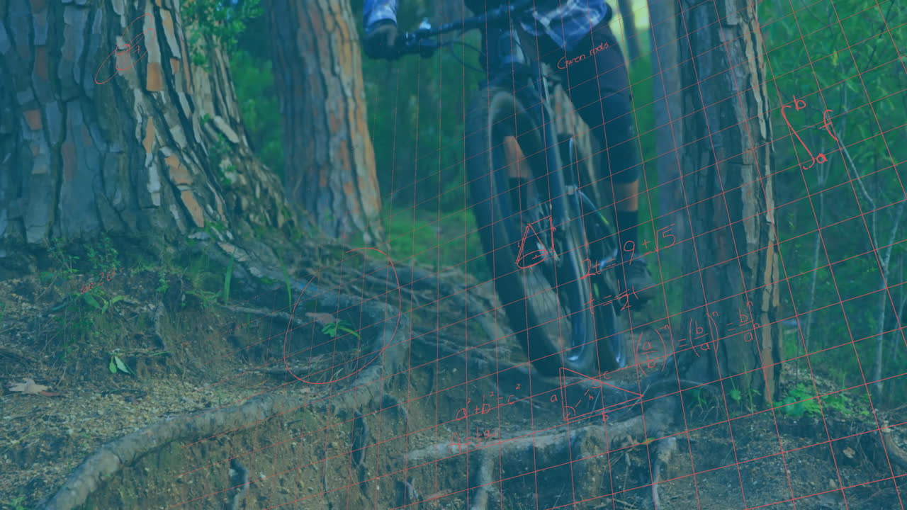 male cyclist riding mountain bike along forest trail, with animated health data graph icons