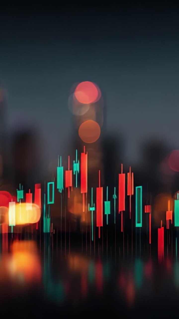 Dynamic Financial Market Analysis: A Close-up View of Colorful Candlestick Charts Depicting Trends and Patterns in Trading Activity Against a Blurred Urban Background