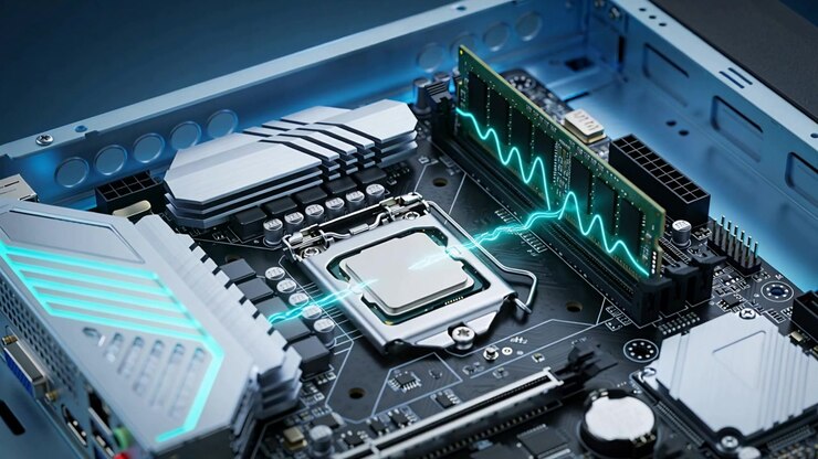 Pulsing cyan waveform traveling from RAM toward CPU on boot inside open chassis, showing data flow