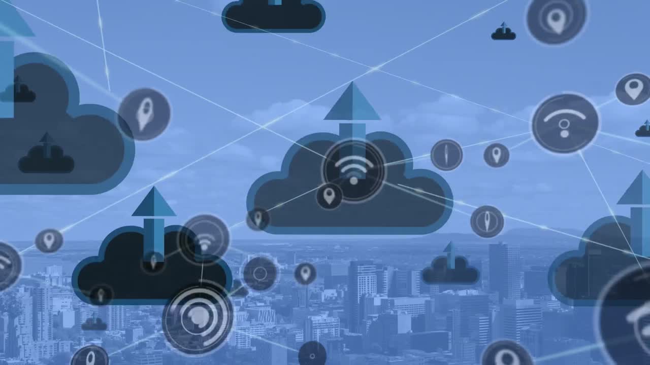 Animation of network of connections with icons over cityscape