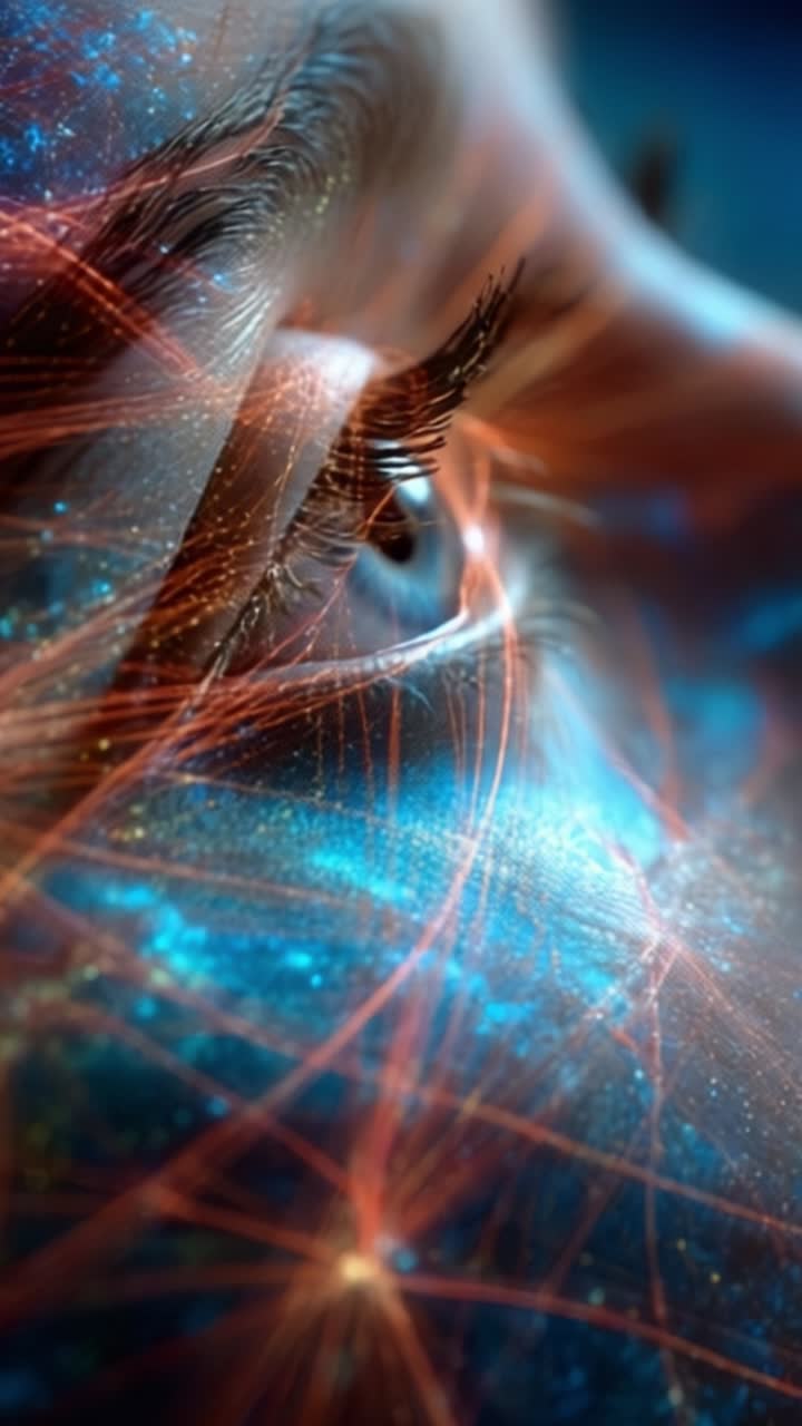 Un primo piano ipnotizzante di un occhio umano futuristico, che risplende con vibranti percorsi neurali e colori dinamici, mostrando l'intricata connessione tra biologia e tecnologia.