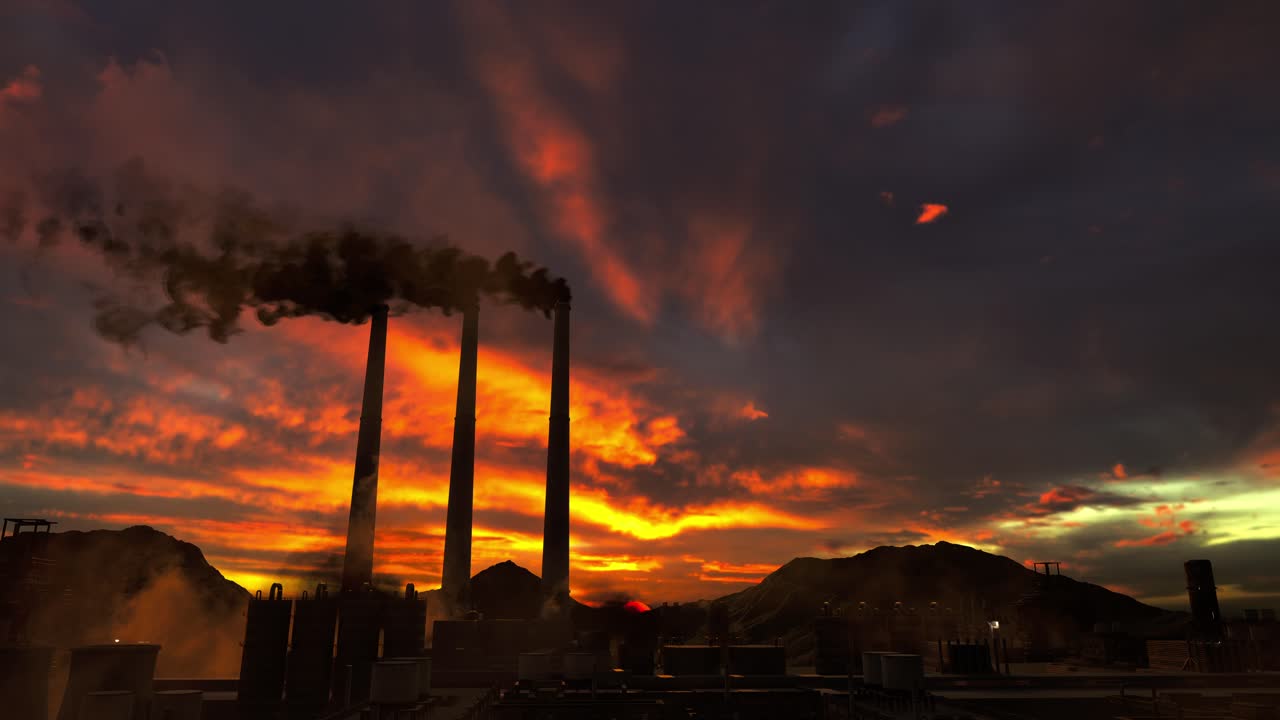 las pipas ahumadas en la planta química, concepto de contaminación del aire, paisaje industrial con contaminación ambiental, hora de la puesta del sol