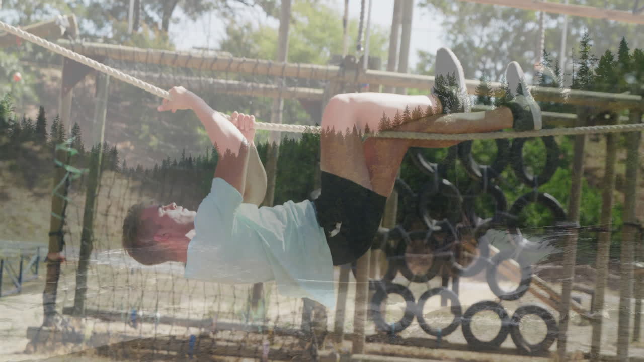 Climbing rope on obstacle course, man with forest animation overlay outdoors