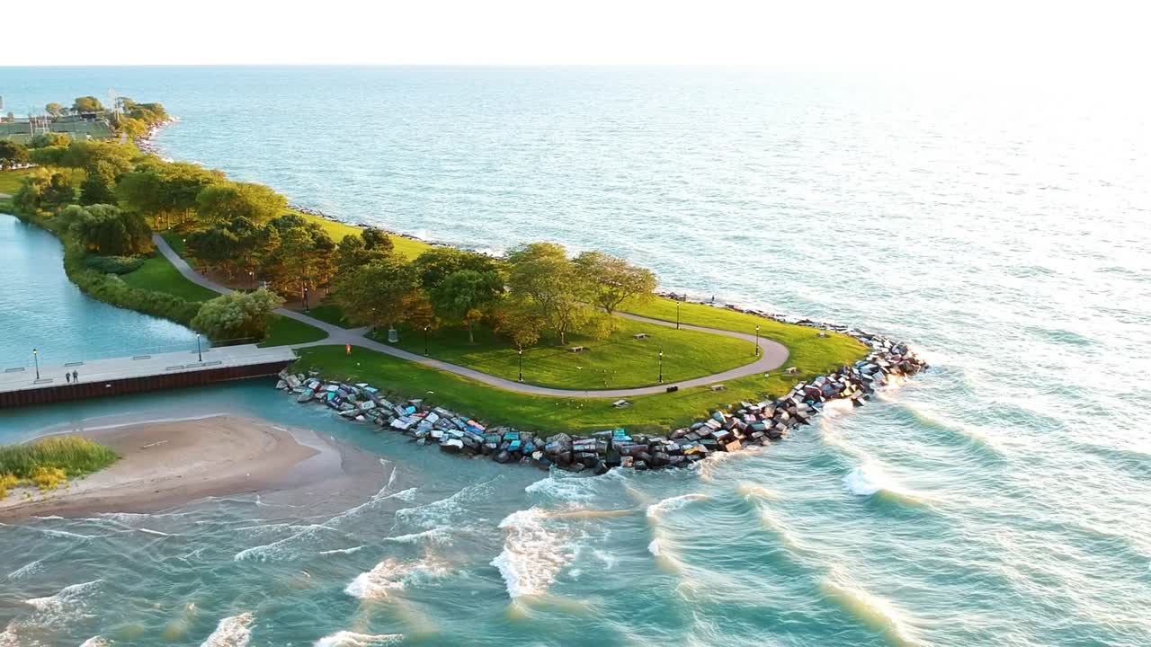 The sunrise drone footage of Northwestern University. From one side is the beautiful Northwestern University and the other side is the Michigan Lake. The clear blue lake that looked like an ocean.