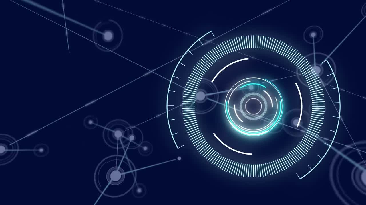 파란색 배경에 대한 연결 네트워크를 회전하는 네온 둥근 스캐너의 애니메이션