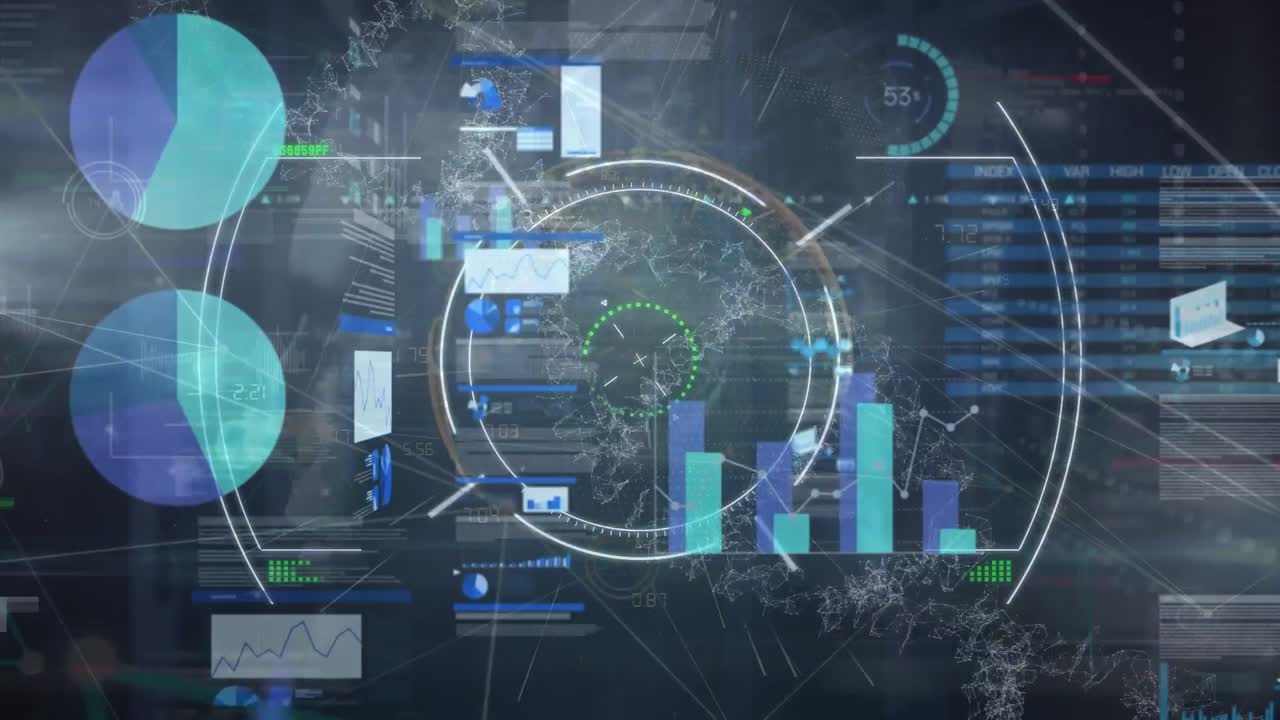 Animation of network of connections with scope scanning and data processing on black background