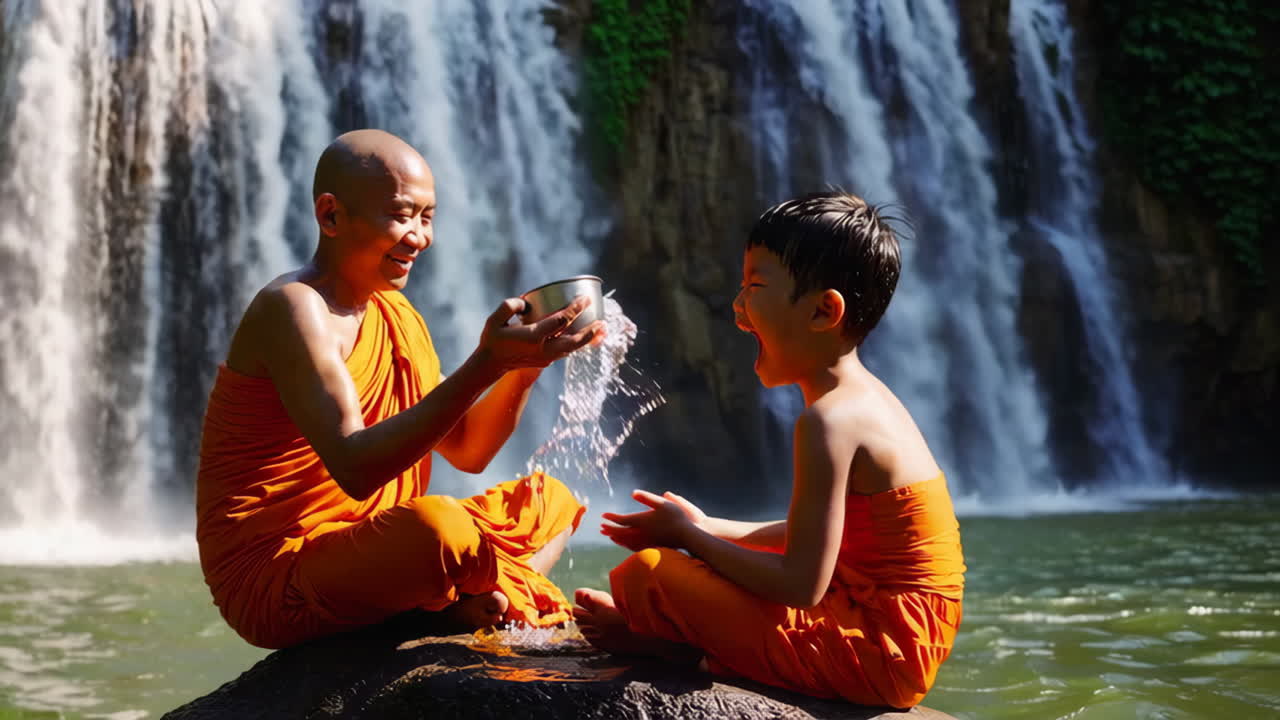 Monk and boy at waterfall