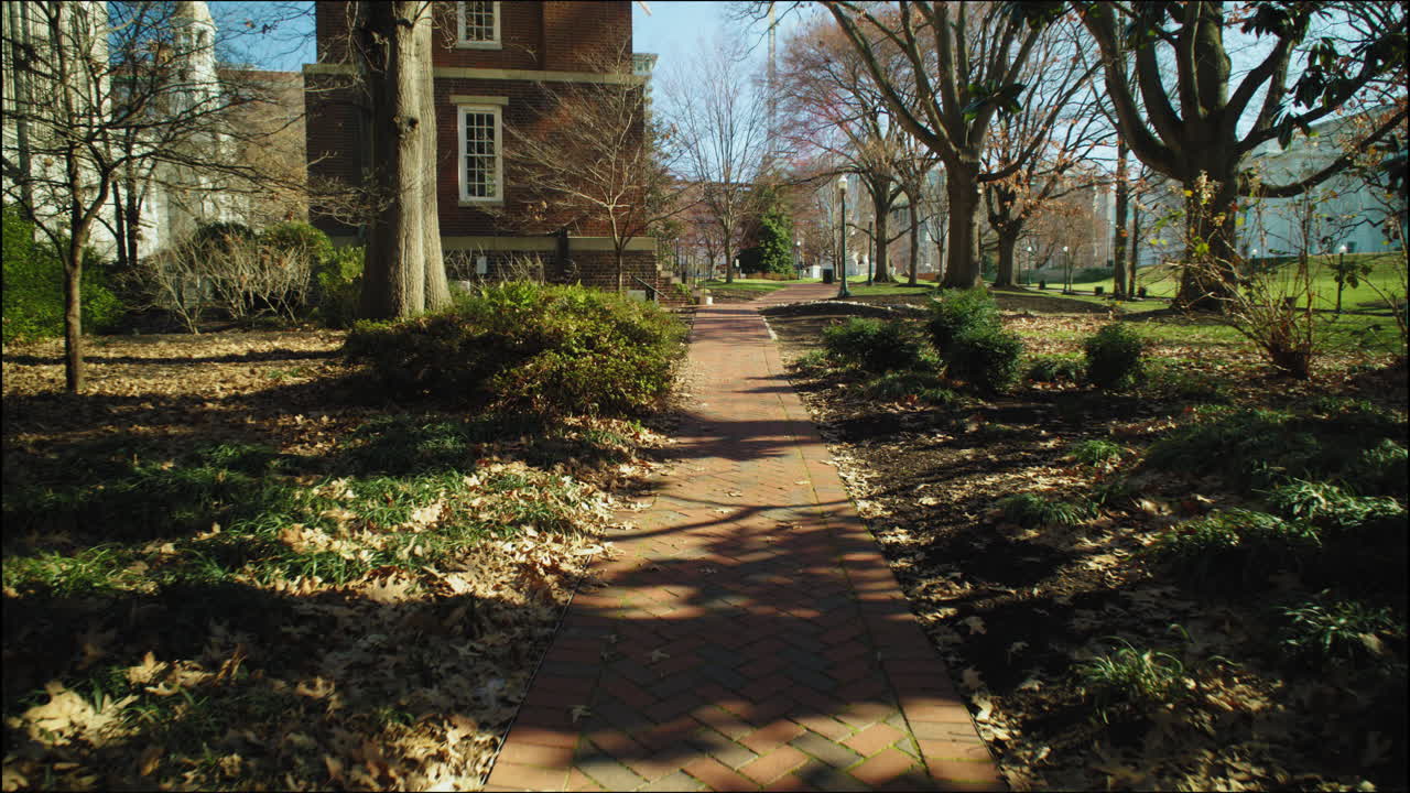 Gimbal shot of a walkway outside the state capitol in Richmond, Virginia
