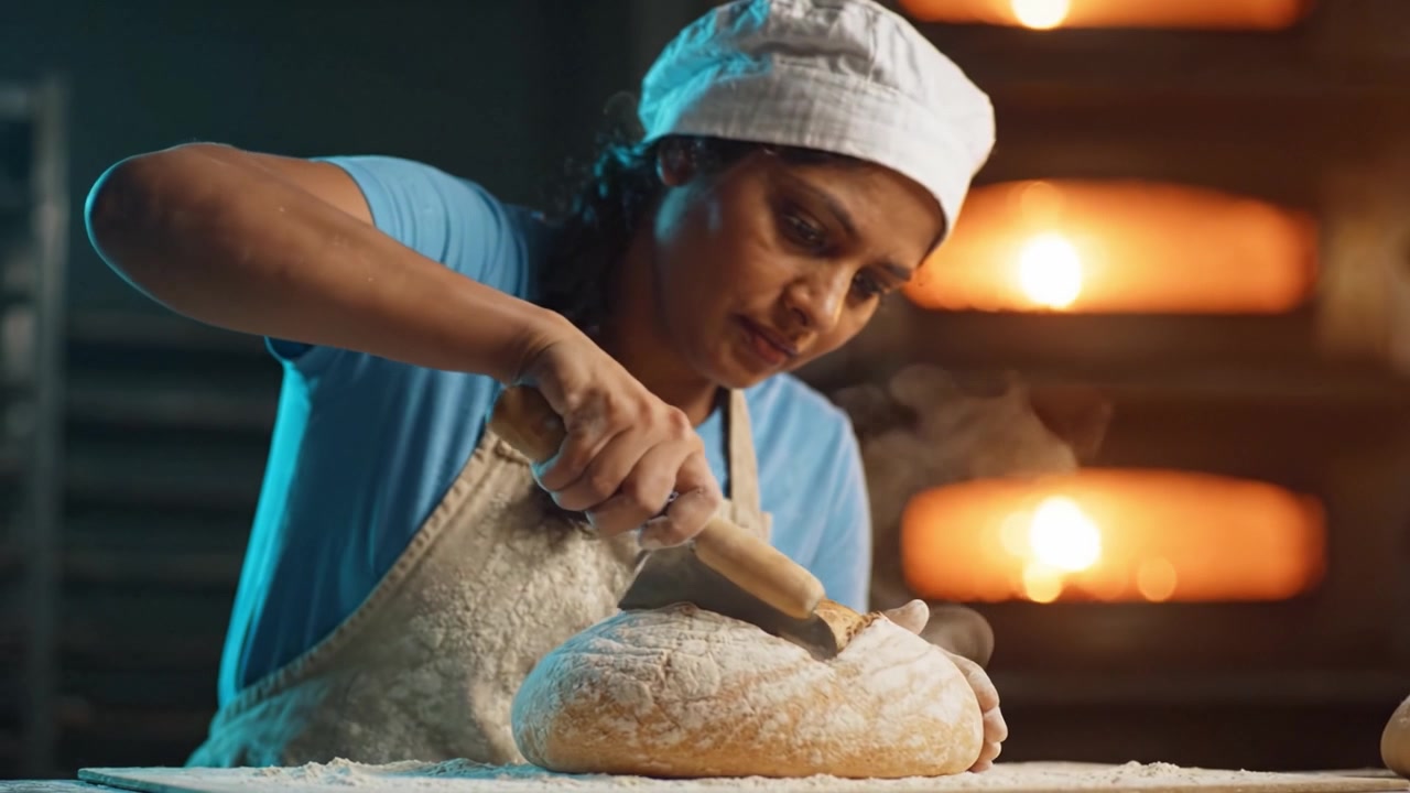 Skilled Baker in a Warm Bakery Preparing Freshly Baked Artisan Bread with a Smile, Showcasing the Art of Baking and the Joy of Deliciously Made Bread