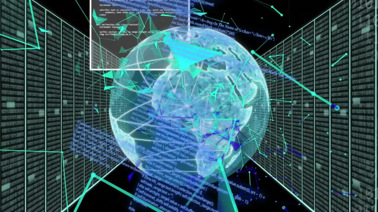 검은색 배경의 컴퓨터 서버를 통해 전 세계와 연결 및 데이터 처리의 애니메이션