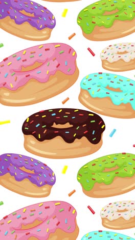vibrant doughnuts with sprinkles animate over shifting backgrounds, transitioning from white to black to green