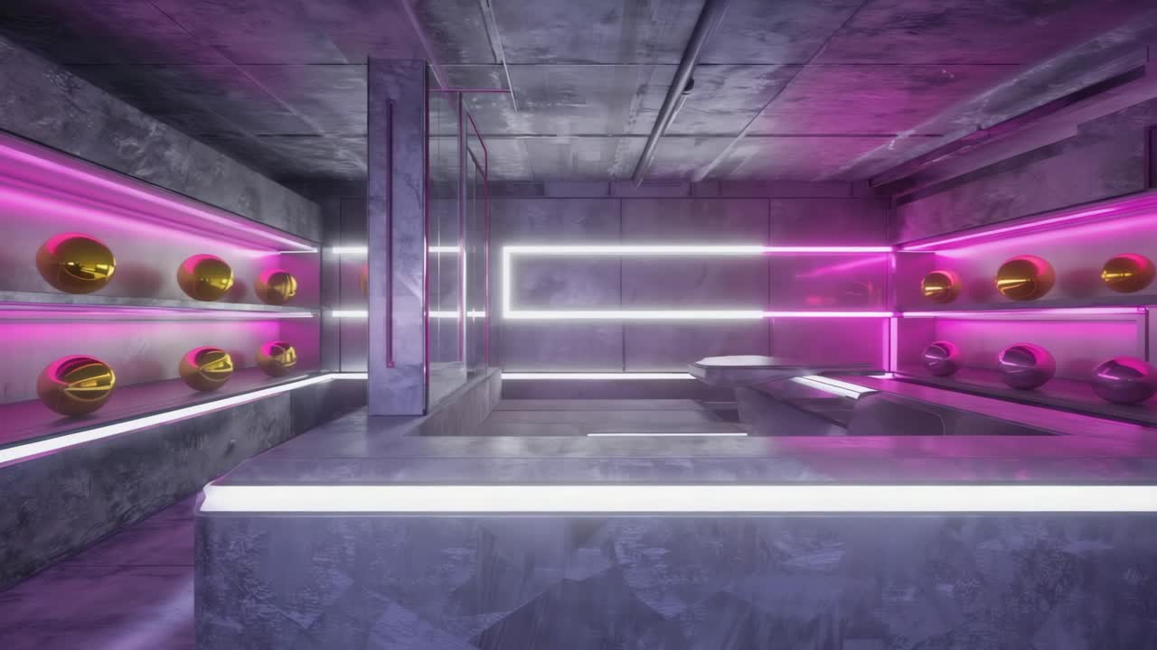 Futuristic Interior with Neon Lighting and Spheres