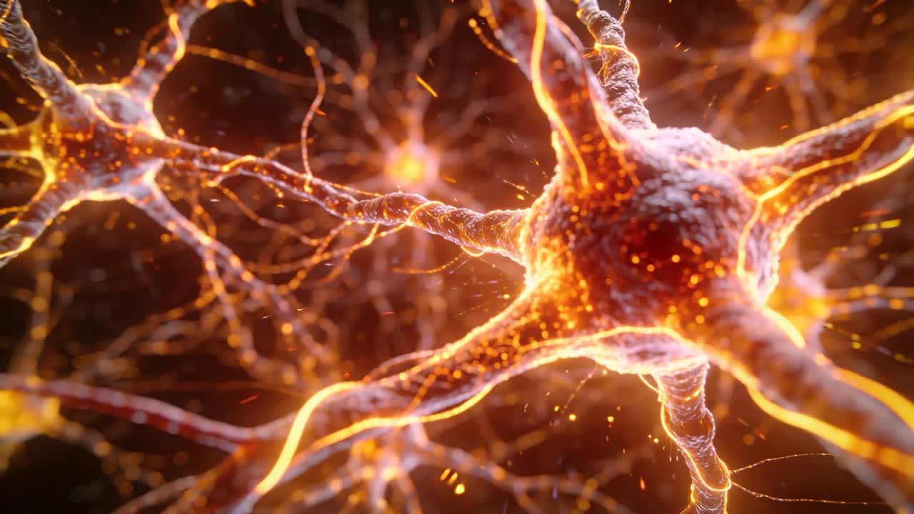 Camera pulling back, large neuron soma glowing, sending pulses in cell network, showing signal flow