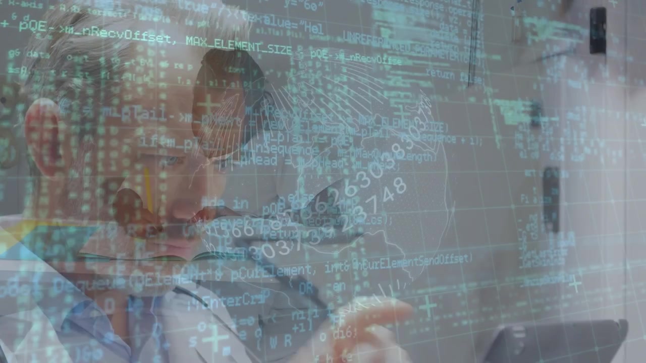 Animation of data processing over caucasian senior male doctor using tablet