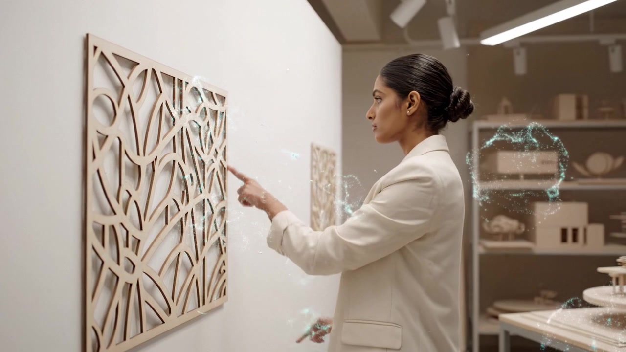 Una donna con intagli artistici in legno in un'ambientazione di galleria moderna, che esalta l'espressione creativa attraverso l'eleganza e l'esplorazione dei design.