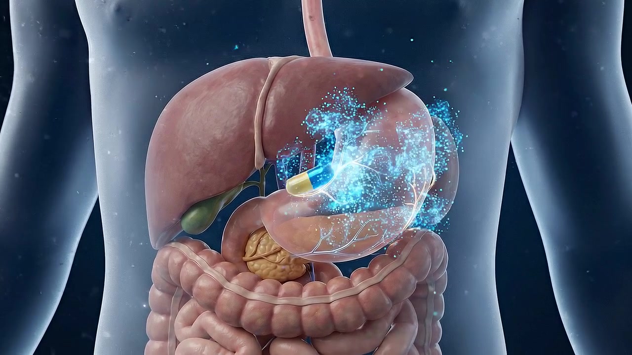 Transparent torso displaying liver stomach pancreas and intestinal anatomy