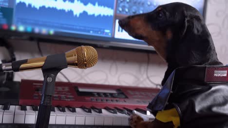 cute little dachshund wearing black leather jacket singing into the luxurious golden microphone on sound recording studio background. humorous concept of audio record by pet