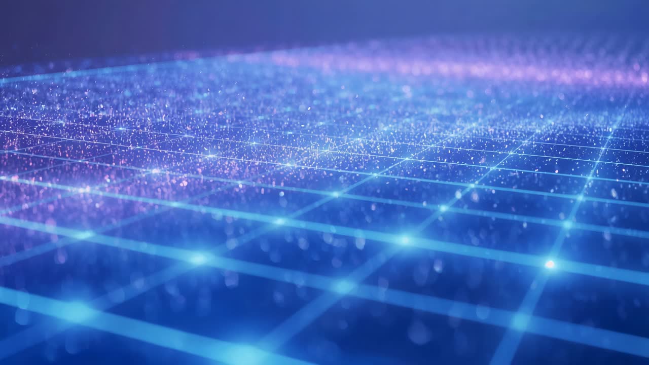 Pulsing glowing grid plane with camera pulling back, revealing nodes and rising dust near pink glow