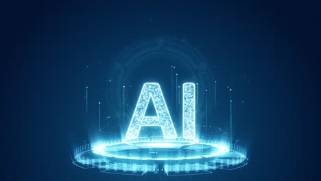 motion graphic of blue digital ai logo with futuristic technology circle rotation and levitation particle on abstract background