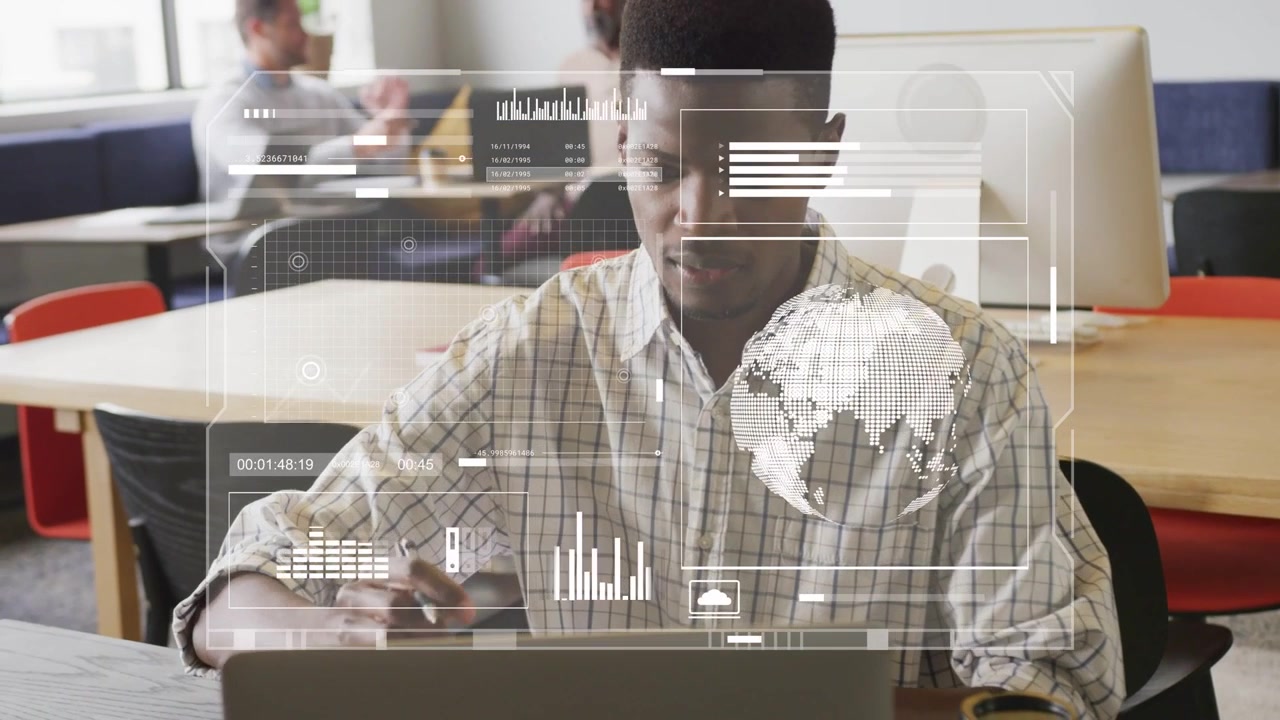 Man sketching notes then opening laptop and typing while hologram charts guiding business analysis