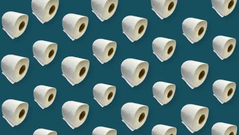 colorful pattern of rolls of a white toilet paper isolated on green background. seamless pattern with toilet paper. top view. realistic animation. 4k video motion