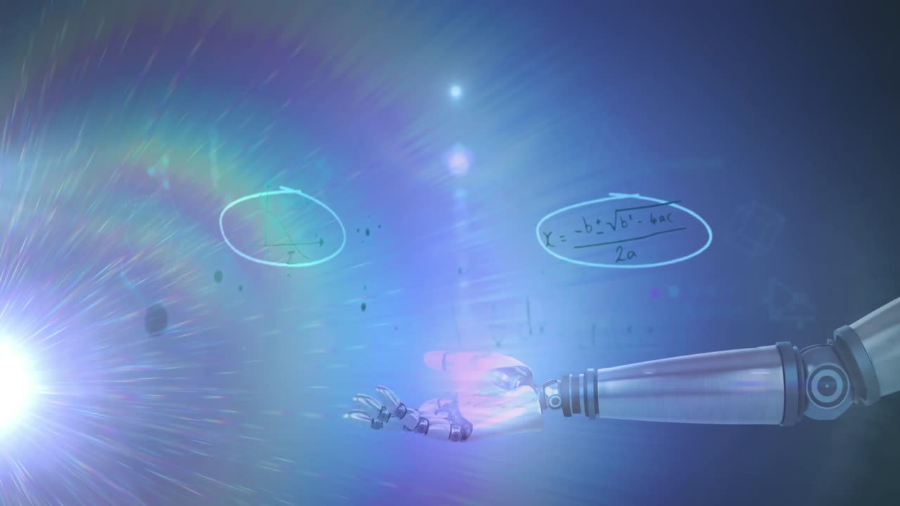 수학 방정식과 파란색 배경의 로 ⁇  손 위에 빛의 흔적의 애니메이션