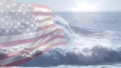 digital composition of waving us flag against waves in the sea