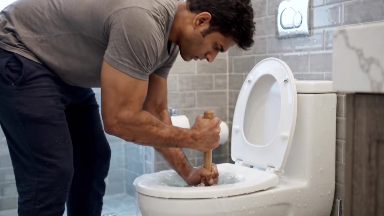 A Determined Individual Resolutely Unclogs a Bathroom Toilet Using a Plunger in a Modern, Stylish Bathroom Environment, Demonstrating Home Maintenance Skills and Problem-Solving Techniques