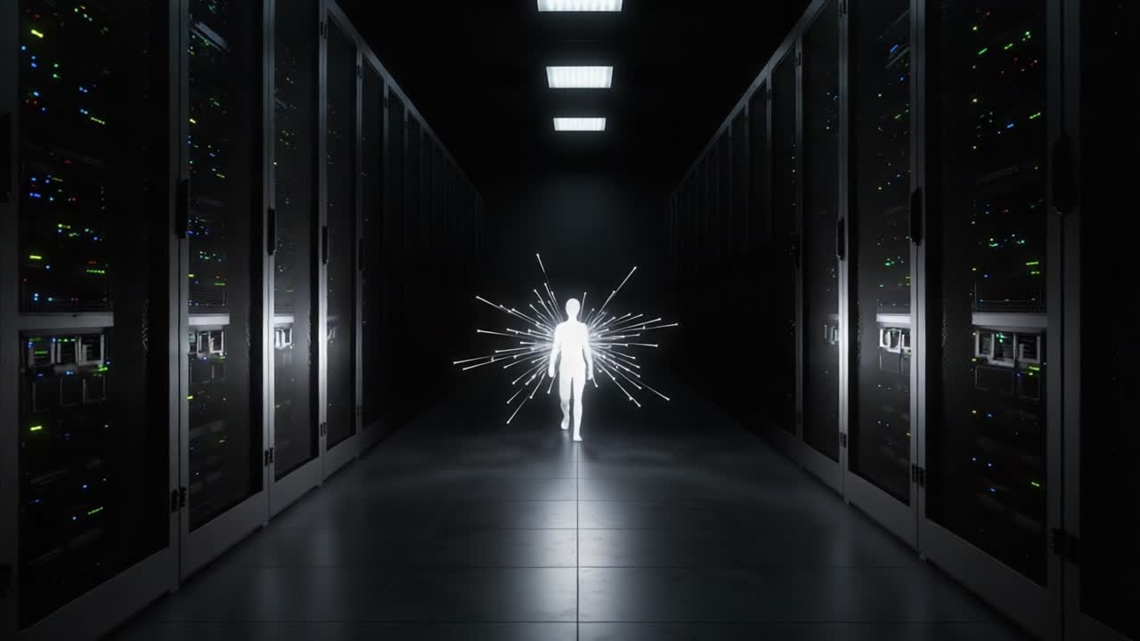 A luminous figure emanating energy stands in a dark server room, illuminated by lines of technology and glimmering lights, showcasing the intersection of humanity and digital realms