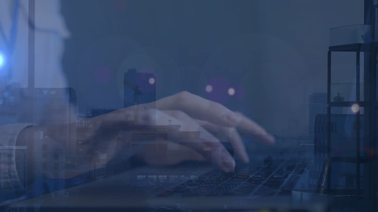 Animation of ai data processing over caucasian businesswoman using computer