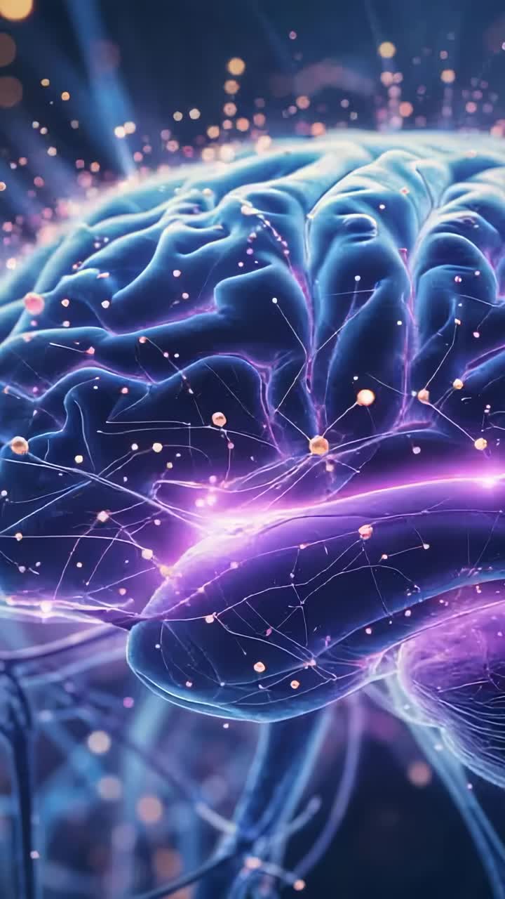 Vertical video: Appearing 3D brain sparking neural paths pulsing with gold nodes in abstract space
