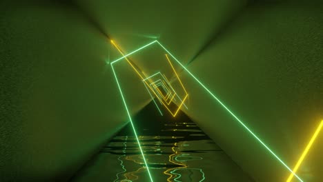 un túnel de metal, 3d renderizado con luces de neón amarillas y verdes. fondo de animación mínima con un gráfico de movimiento de bucle sin costuras en el interior.