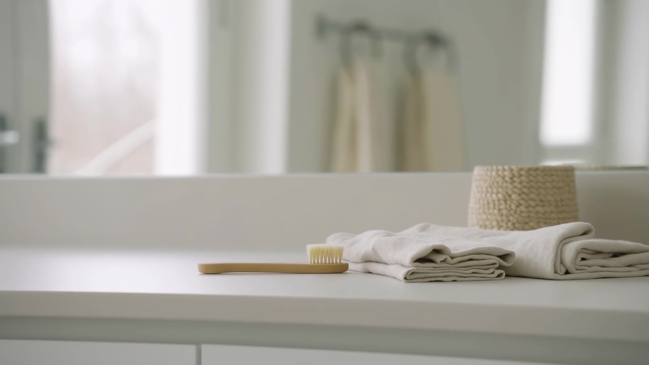 Meja wastafel kamar mandi rumah yang bersih dengan handuk terlipat, keranjang anyaman, dan sikat gigi di permukaan putih cerah, dengan cahaya alami lembut dan cermin buram di.
