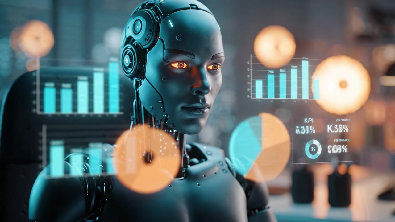 An advanced humanoid robot with glowing eyes and intricate circuitry, showcasing interactive data visualizations on a futuristic control panel in a high-tech environment.
