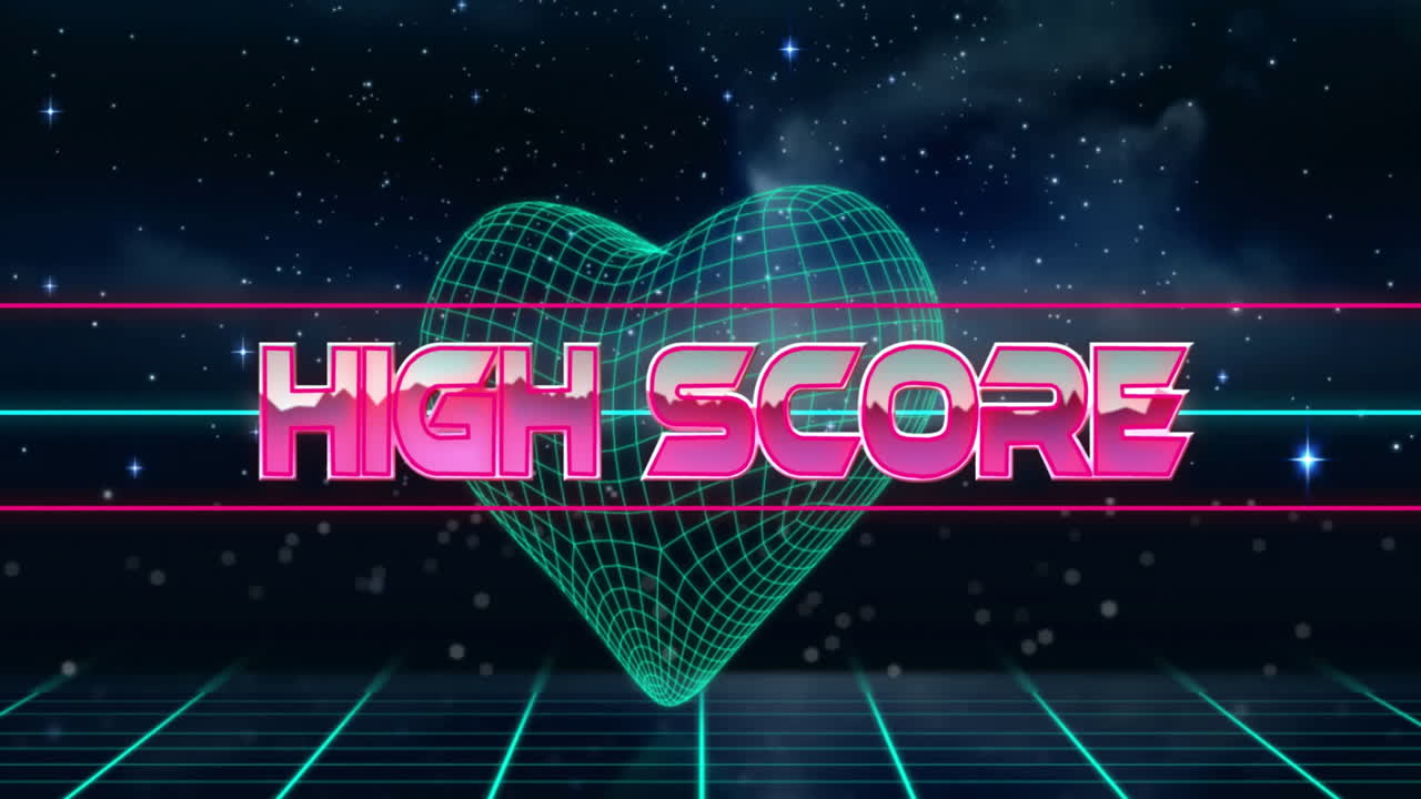High score text animation over neon heart and grid background