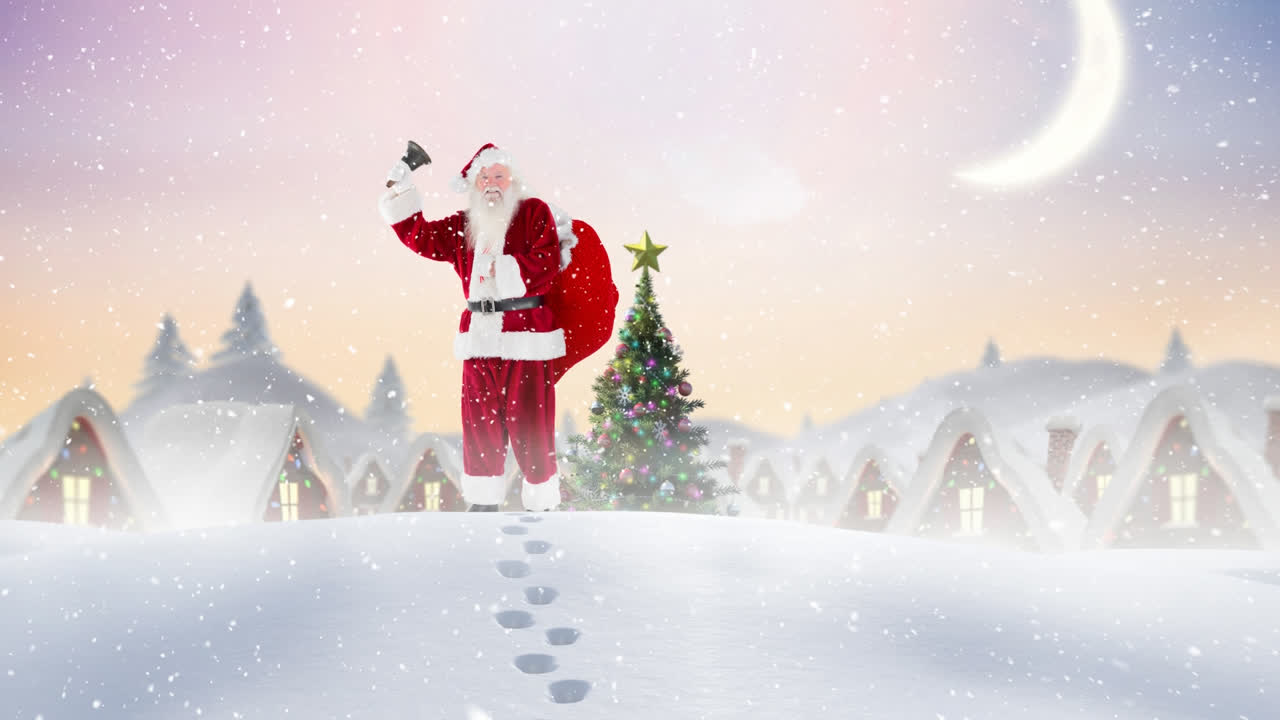 Snow falling over santa claus holding a christmas bell standing on ...