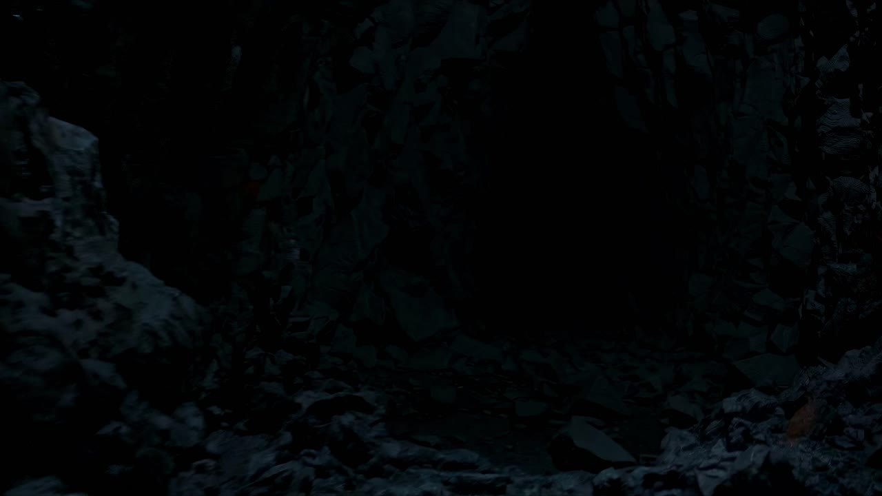 A dark, eerie cave with jagged rocks, captured from a low-angle perspective, creating a mysterious