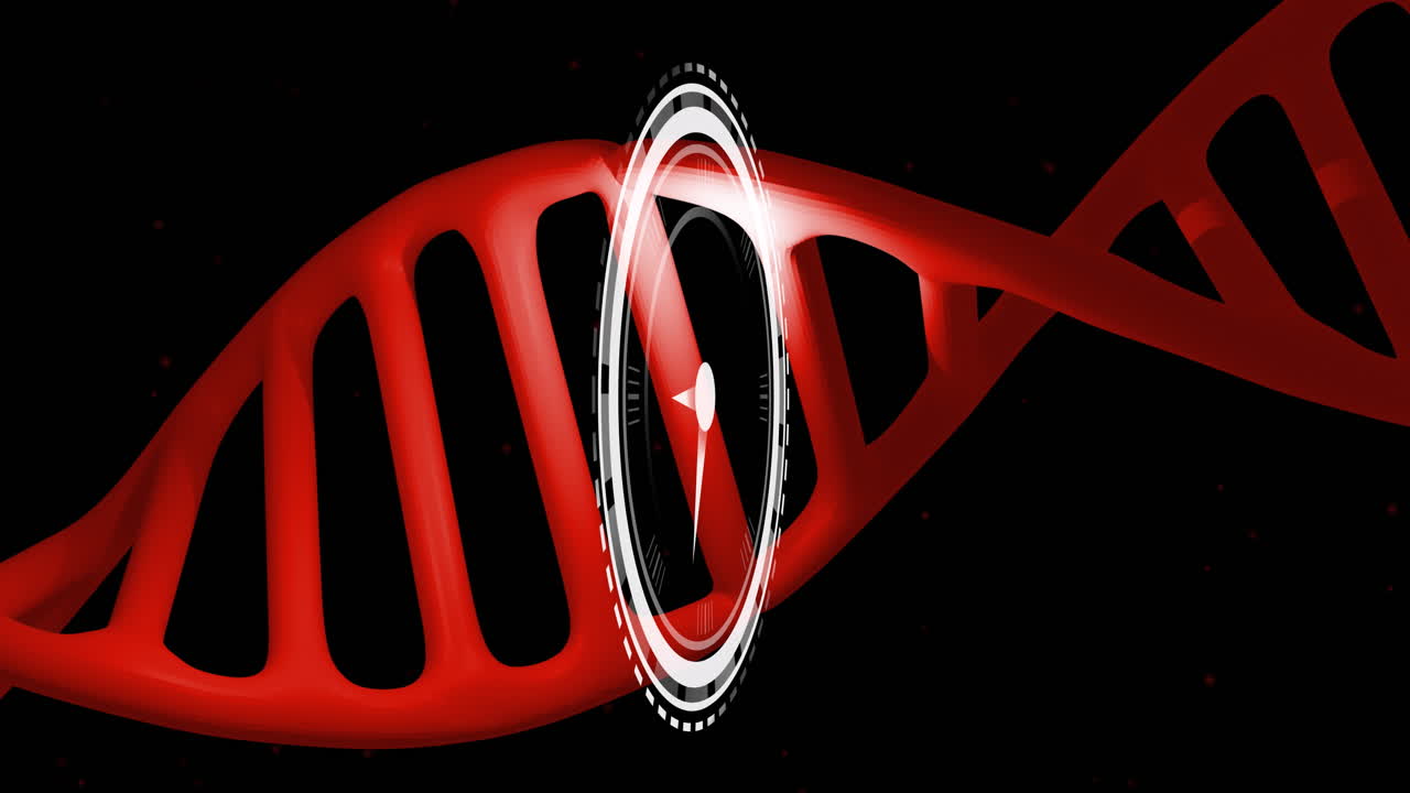 animación de un reloj que se mueve sobre la cadena de adn sobre un fondo negro