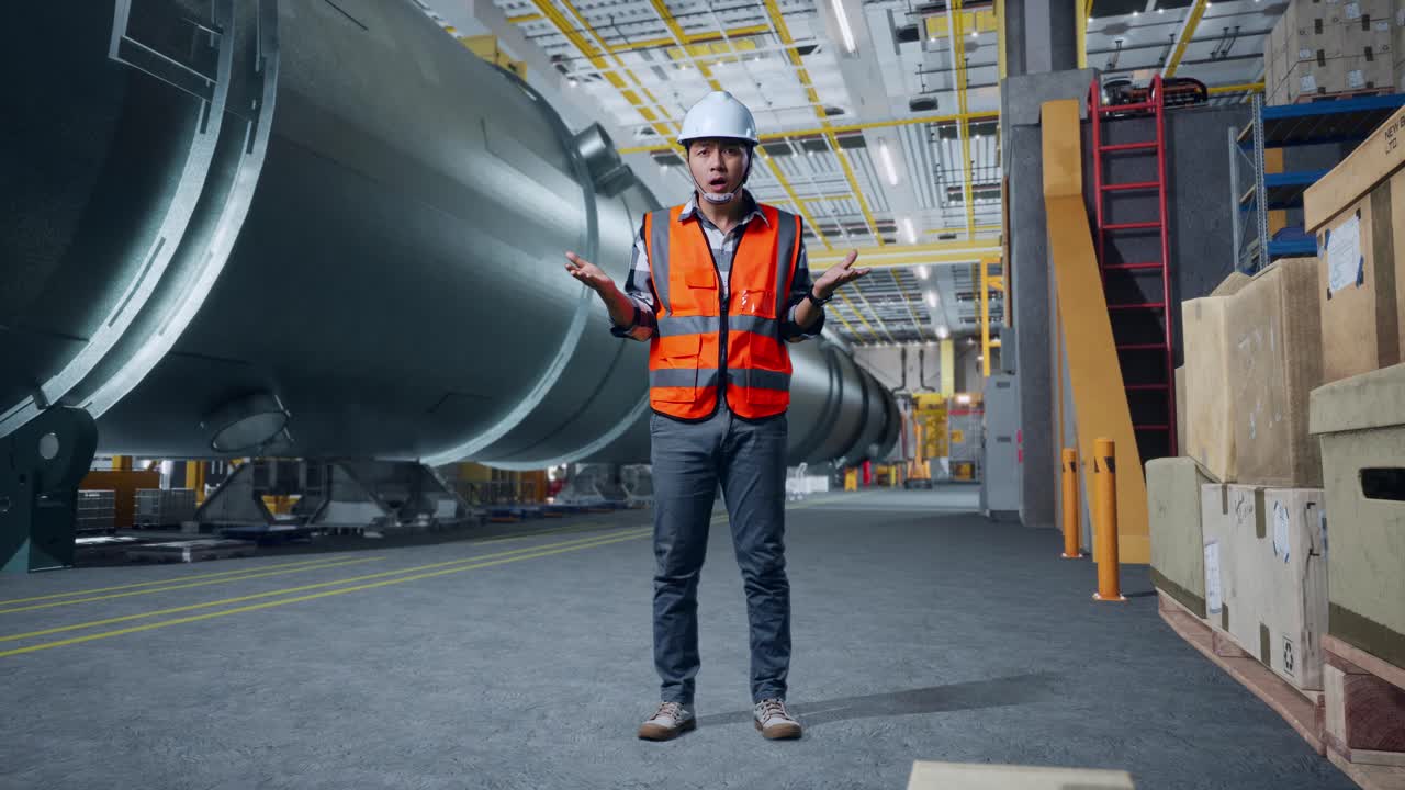 corpo pieno di ingegnere maschio asiatico con casco di sicurezza in piedi in fabbrica di produzione di tubi. chiedendo e dicendo perché lavorare dubbiosamente