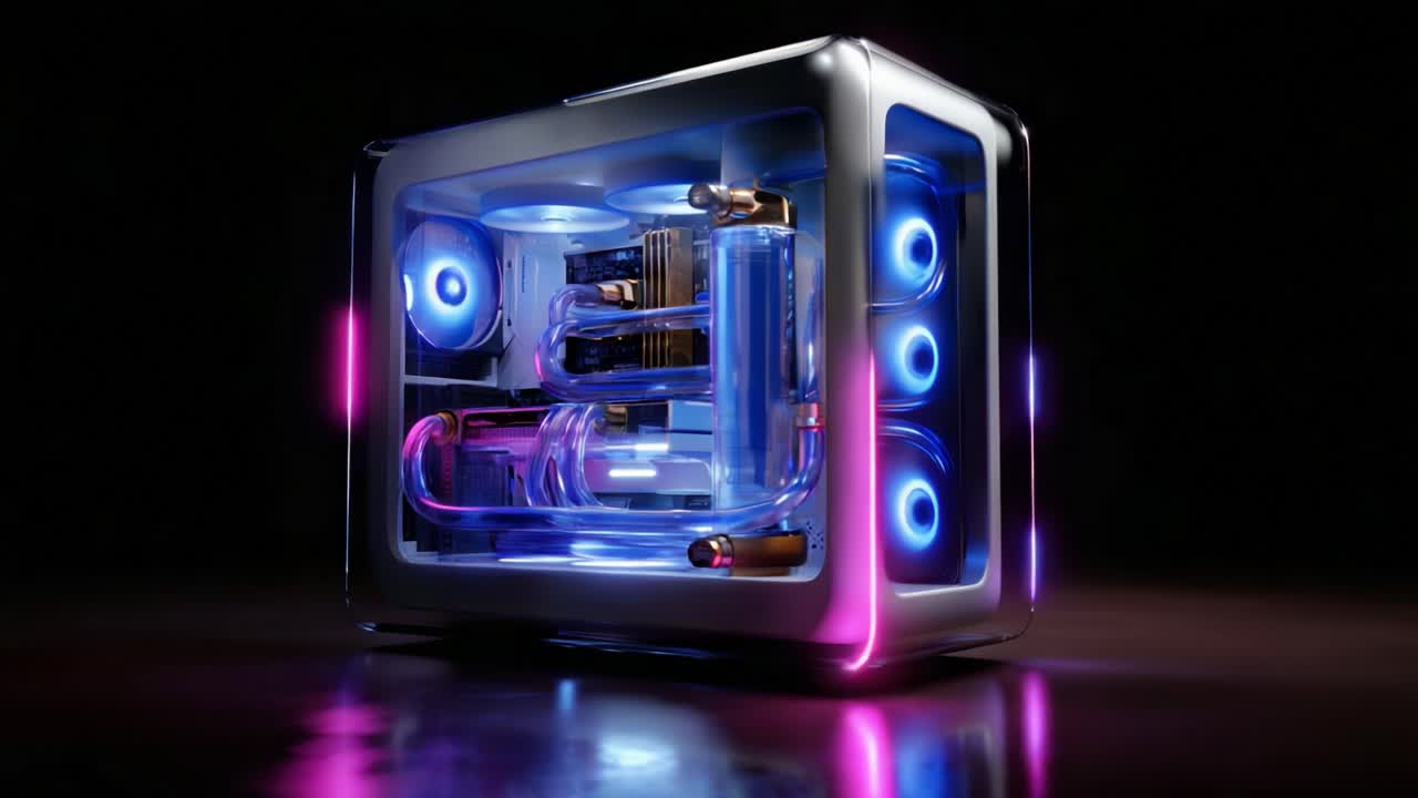 A Visually Striking Custom Liquid-Cooled Computer Case Showcasing Unique Design Features and Innovative Cooling Solutions with Dynamic RGB Lighting and Transparent Water Tubing for Optimal Performance