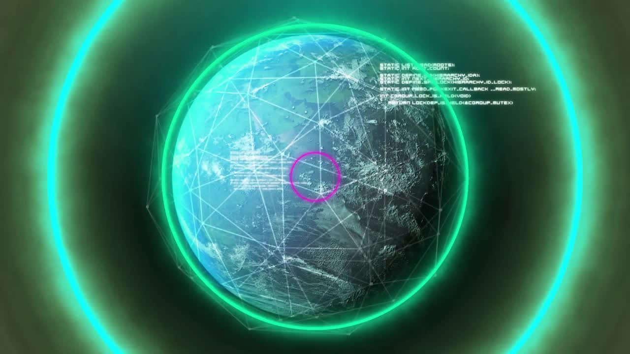 Anello verde iniziale che appare, globo stilizzato che ruota, anelli al neon pulsanti, testo HUD che mostra i dati