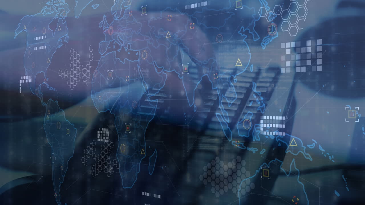 Animation of world map with data processing over hands typing on keyboard