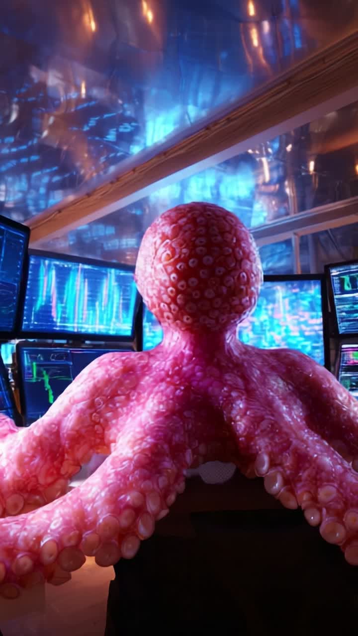 An Octopus Analyzing Data in a High-Tech Environment Surrounded by Monitors, Illuminated with Neon Lights and Financial Graphs Displaying Market Trends