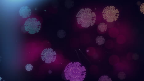 animation of covid 19 cells floating over multiple spots of light in background